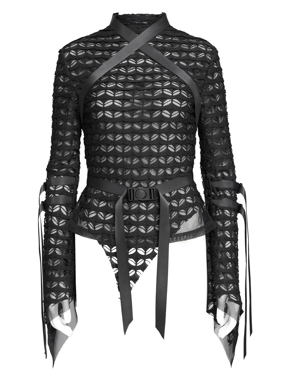 Gothic lace sheer top with straps, belted waist, and long flared sleeves, perfect for alternative fashion styles.