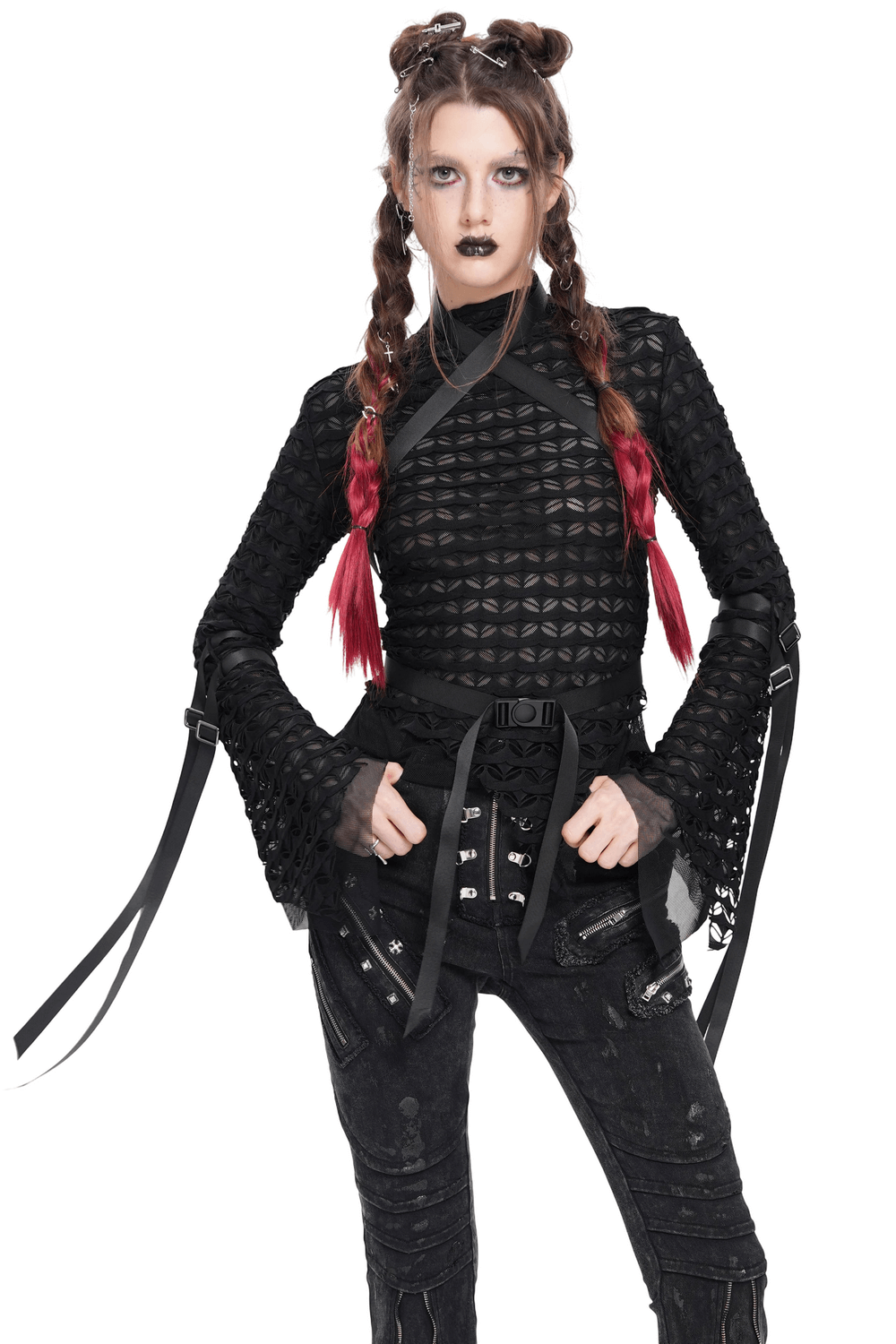 Gothic lace sheer top with straps, long flared sleeves, and belted detail, perfect for alternative fashion.