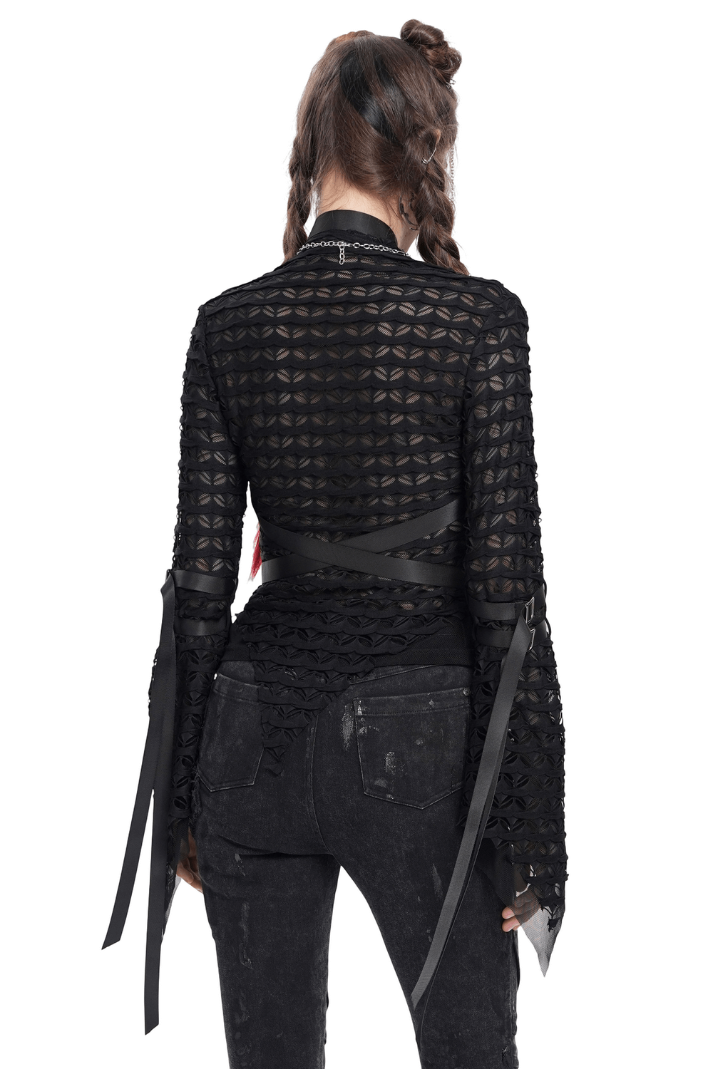 Back view of gothic lace sheer top with straps and flared sleeves, showcasing intricate mesh design and belted detail.