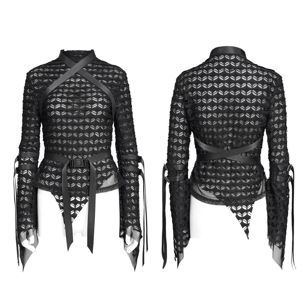 Gothic lace sheer top with straps, belted waist, and flared sleeves for alternative fashion lovers.