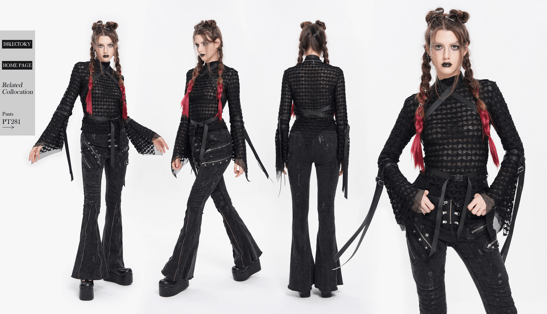 Gothic lace sheer top with long flared sleeves and straps, styled for alternative fashion.