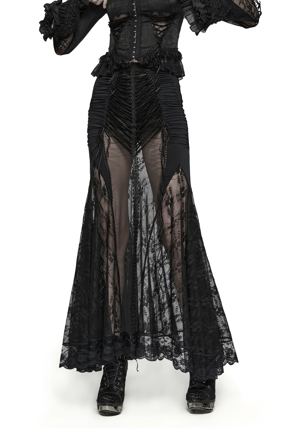 Gothic lace sheer wrapped long slim skirt for women with drawstring details and triangular mesh panels.
