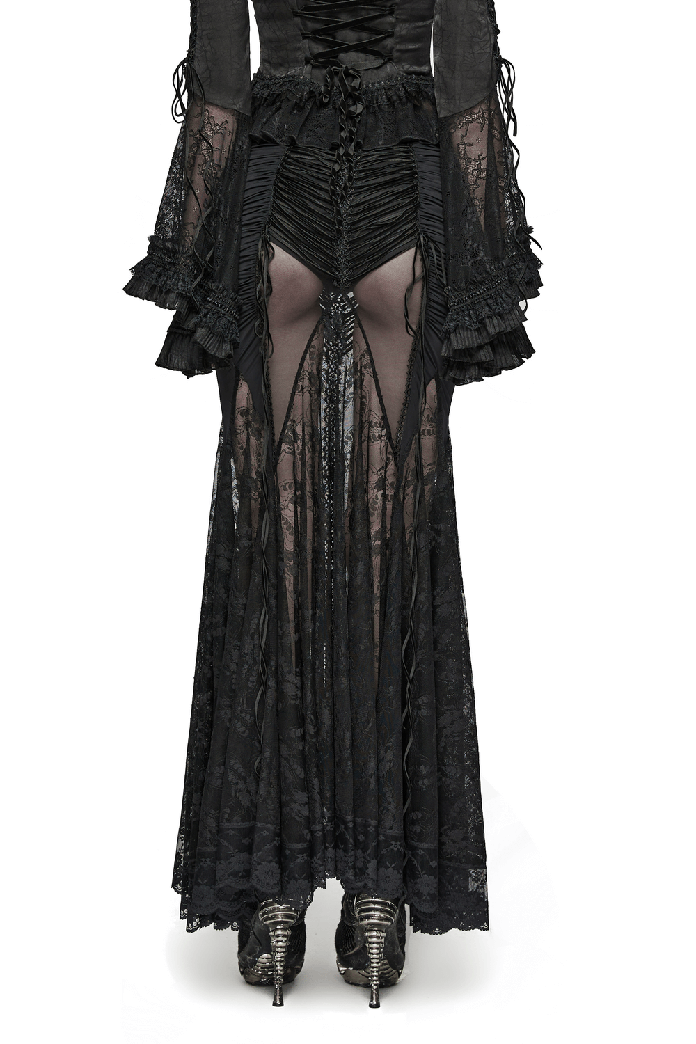 Gothic black lace sheer long skirt with drawstring details, showcasing alluring peek-a-boo mesh panels and a flattering silhouette.