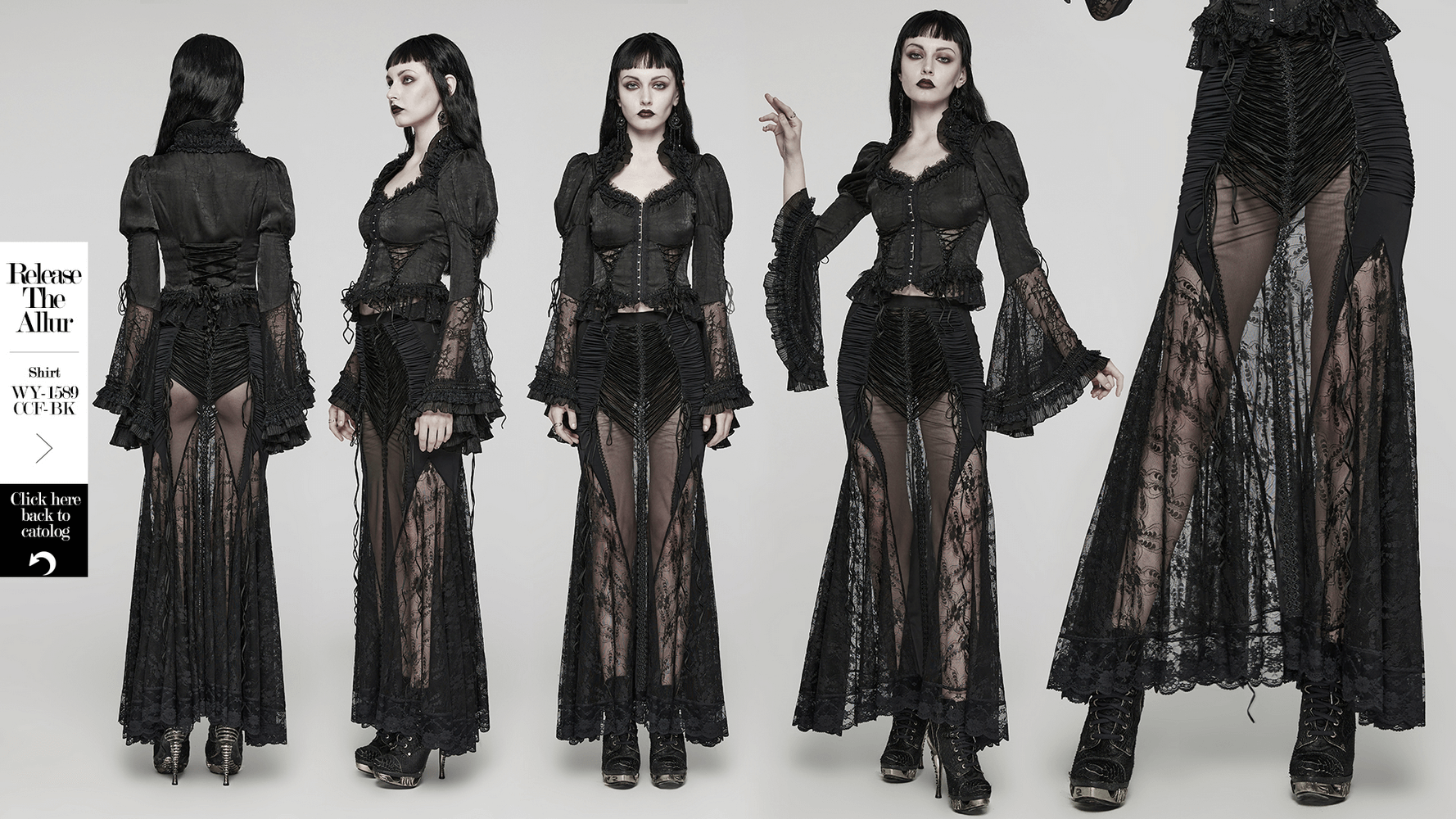 Gothic lace sheer long skirt for women, showcasing alluring black lace and drawstring details, perfect for dark romance.