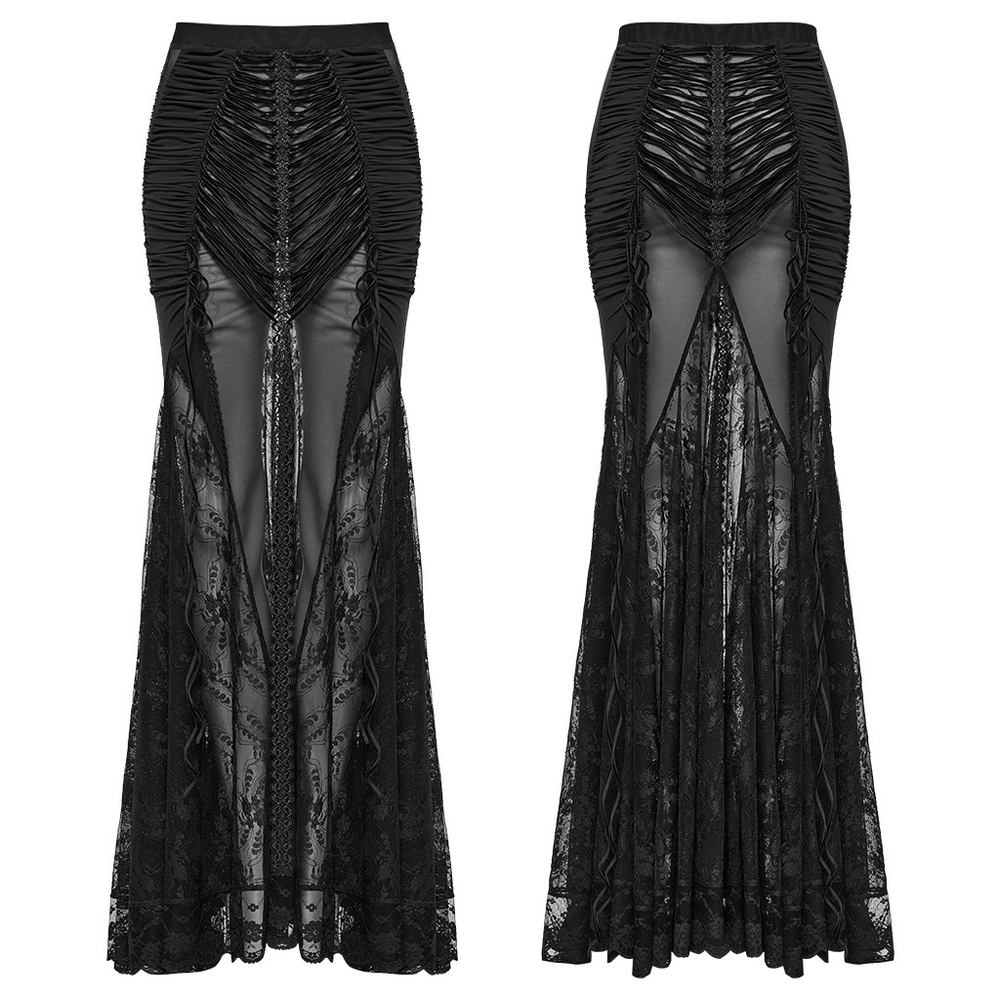 Gothic lace sheer black long skirt with drawstring details and triangular mesh panels for a stunning silhouette.