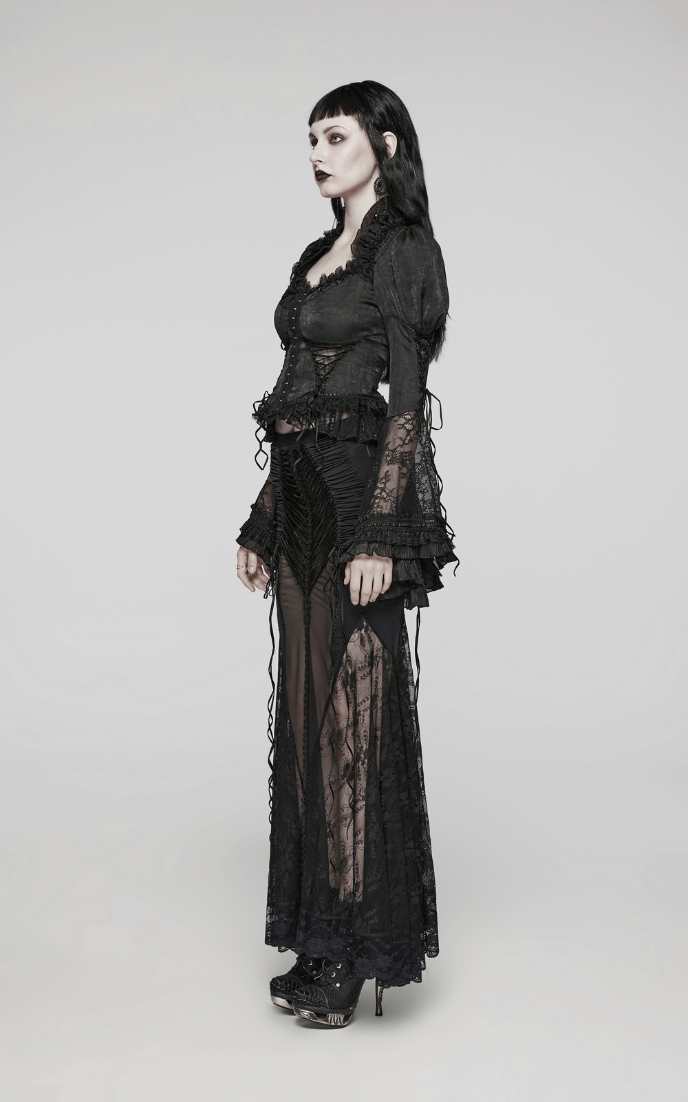 Gothic lace sheer wrapped long skirt for women, featuring elegant black mesh panels and flattering silhouette.