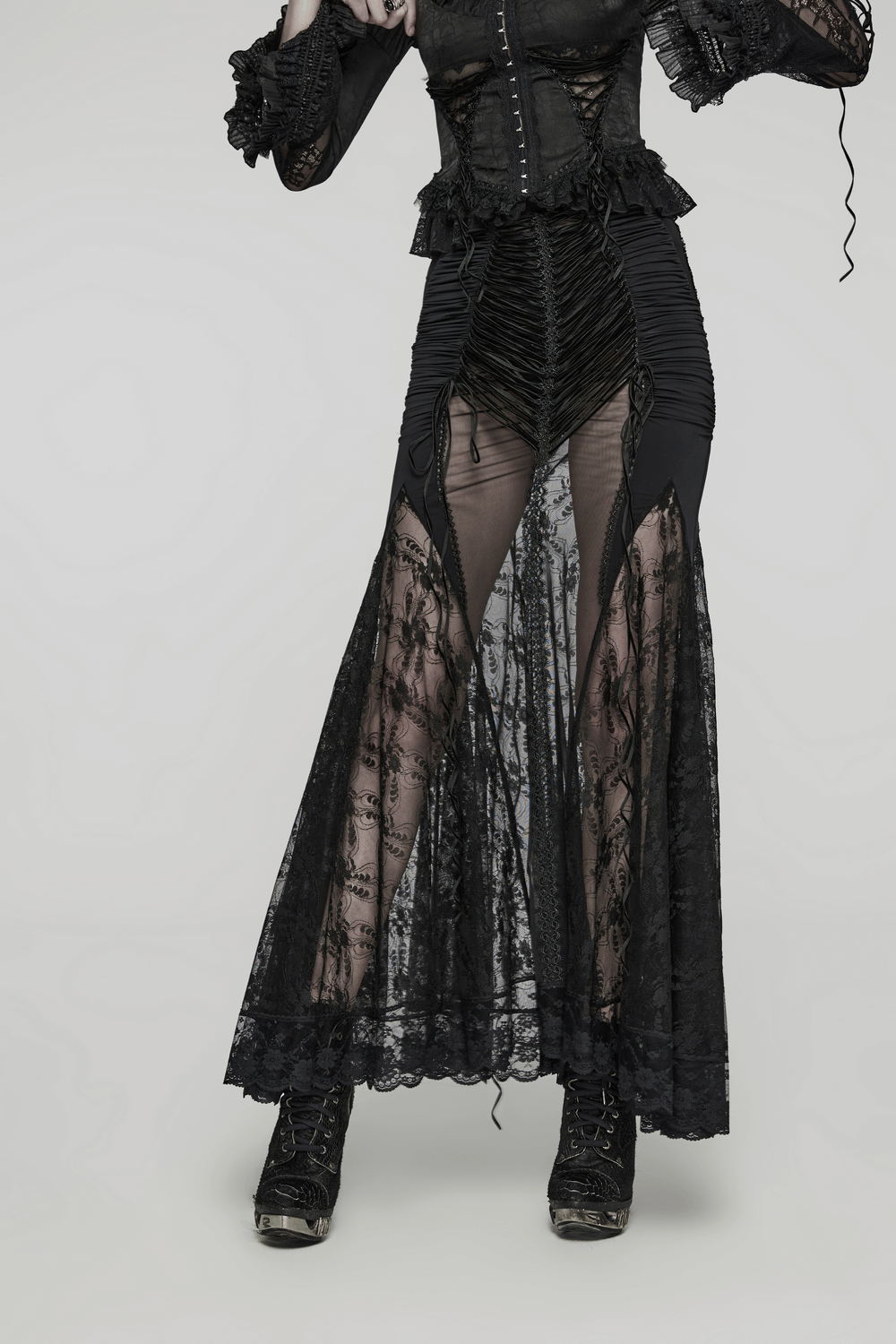 Gothic lace sheer long skirt for women with drawstring details and alluring peek-a-boo panels.