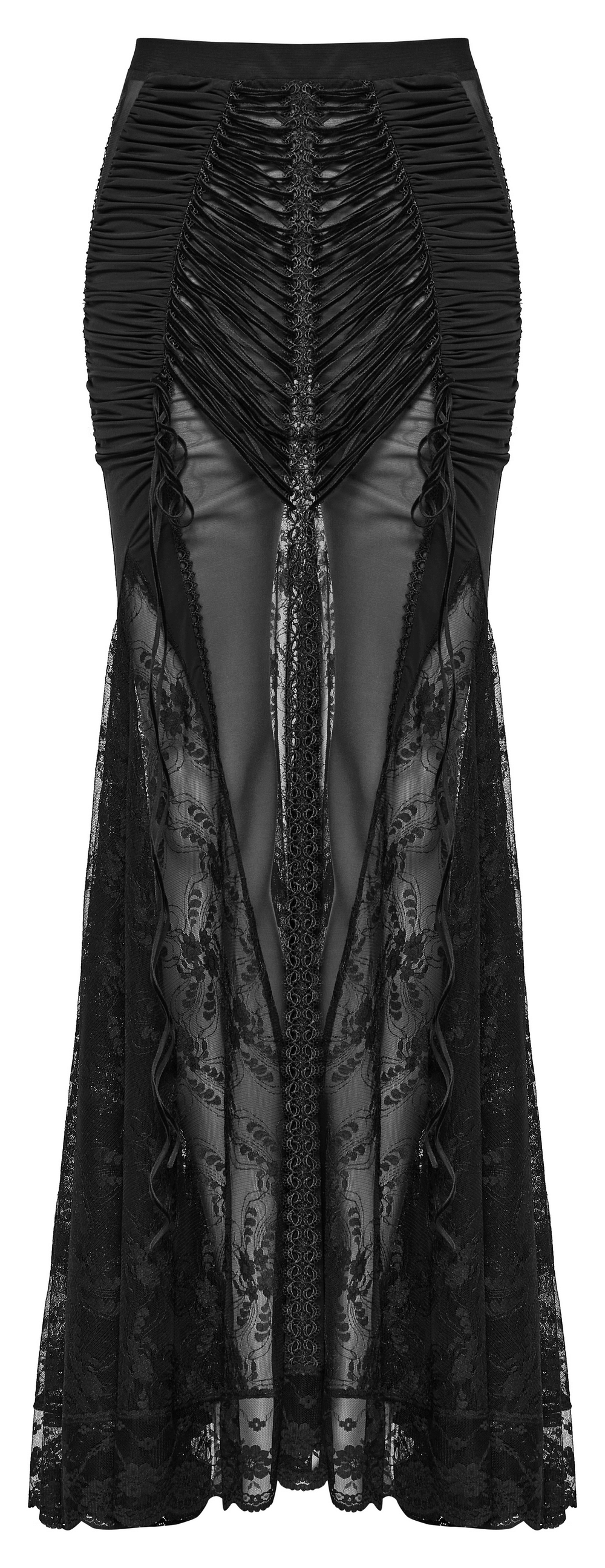Gothic lace sheer long skirt with drawstring details and triangular mesh panels, perfect for an alluring silhouette.