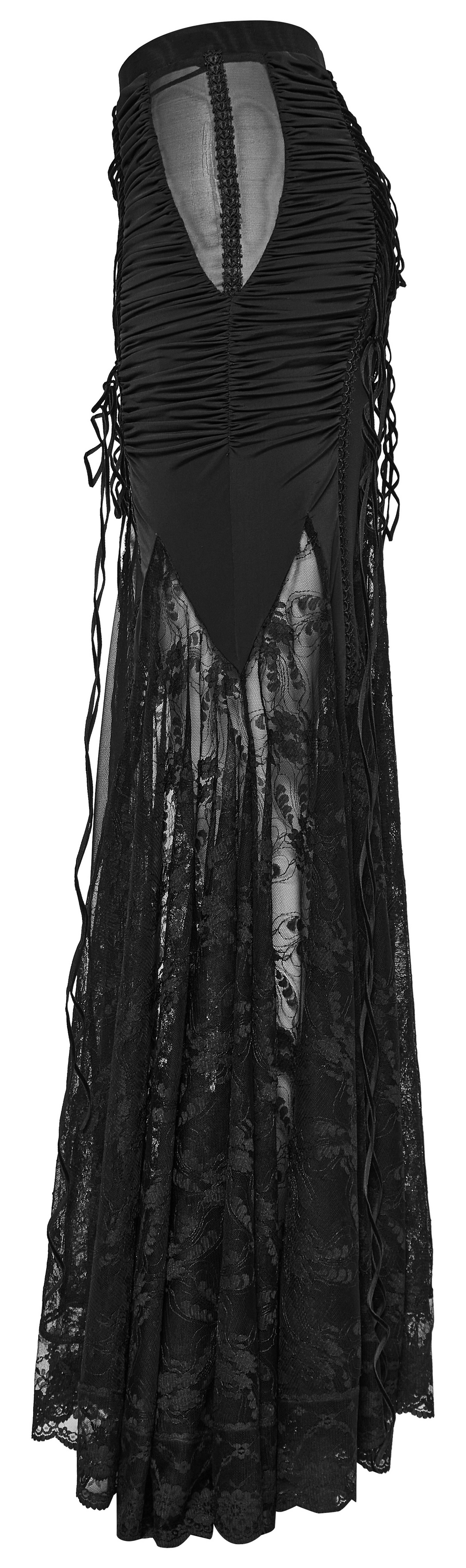 Gothic lace sheer long skirt for women with textured black fabric and seductive drawstring details.