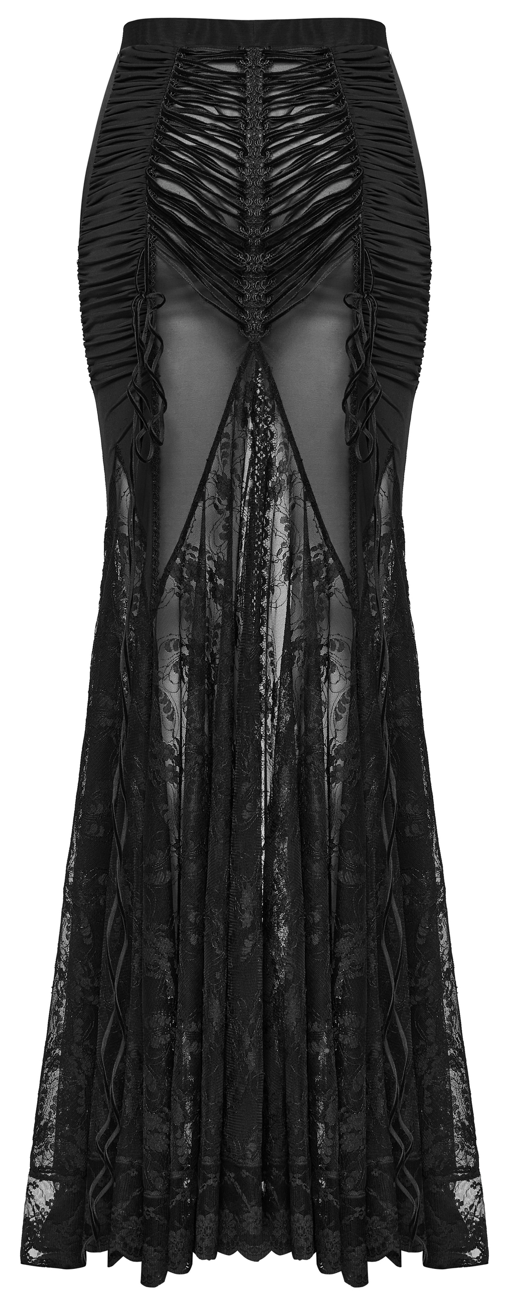 Gothic lace sheer long skirt for women with drawstring detail and mesh panels, featuring a slimming silhouette.