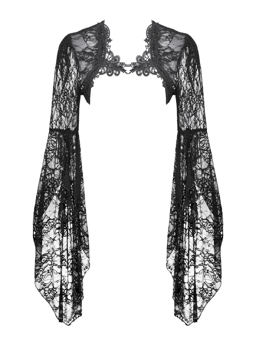 Gothic Lace Shrug Bolero with Dramatic Bell Sleeves featuring sheer floral lace and flowing bell sleeves.