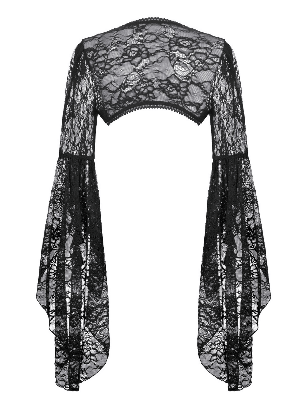 Gothic Lace Shrug Bolero with Dramatic Bell Sleeves featuring sheer floral lace and flowing sleeves.