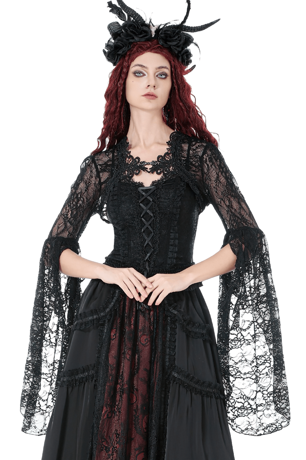 Gothic Lace Shrug Bolero with Dramatic Bell Sleeves worn over a black dress, featuring intricate lace details and long flare sleeves.
