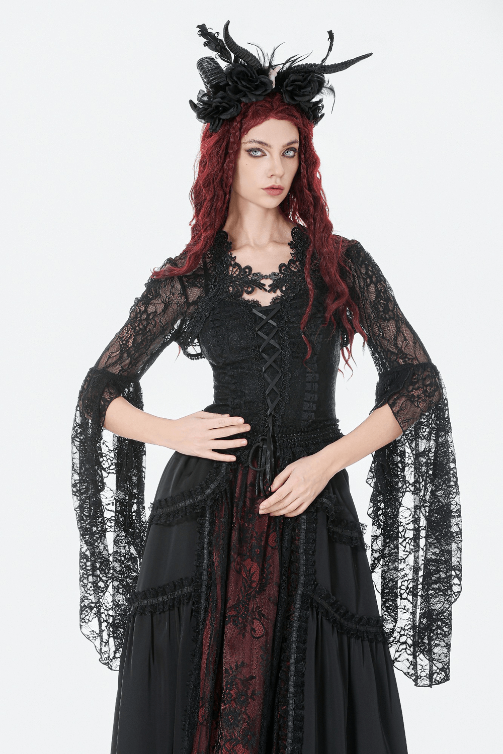 Gothic Lace Shrug Bolero with Dramatic Bell Sleeves styled with a black Victorian outfit and intricate floral lace.