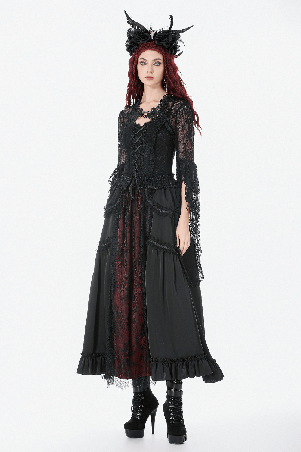 Gothic Lace Shrug Bolero with Dramatic Bell Sleeves worn over a black Victorian-style dress.