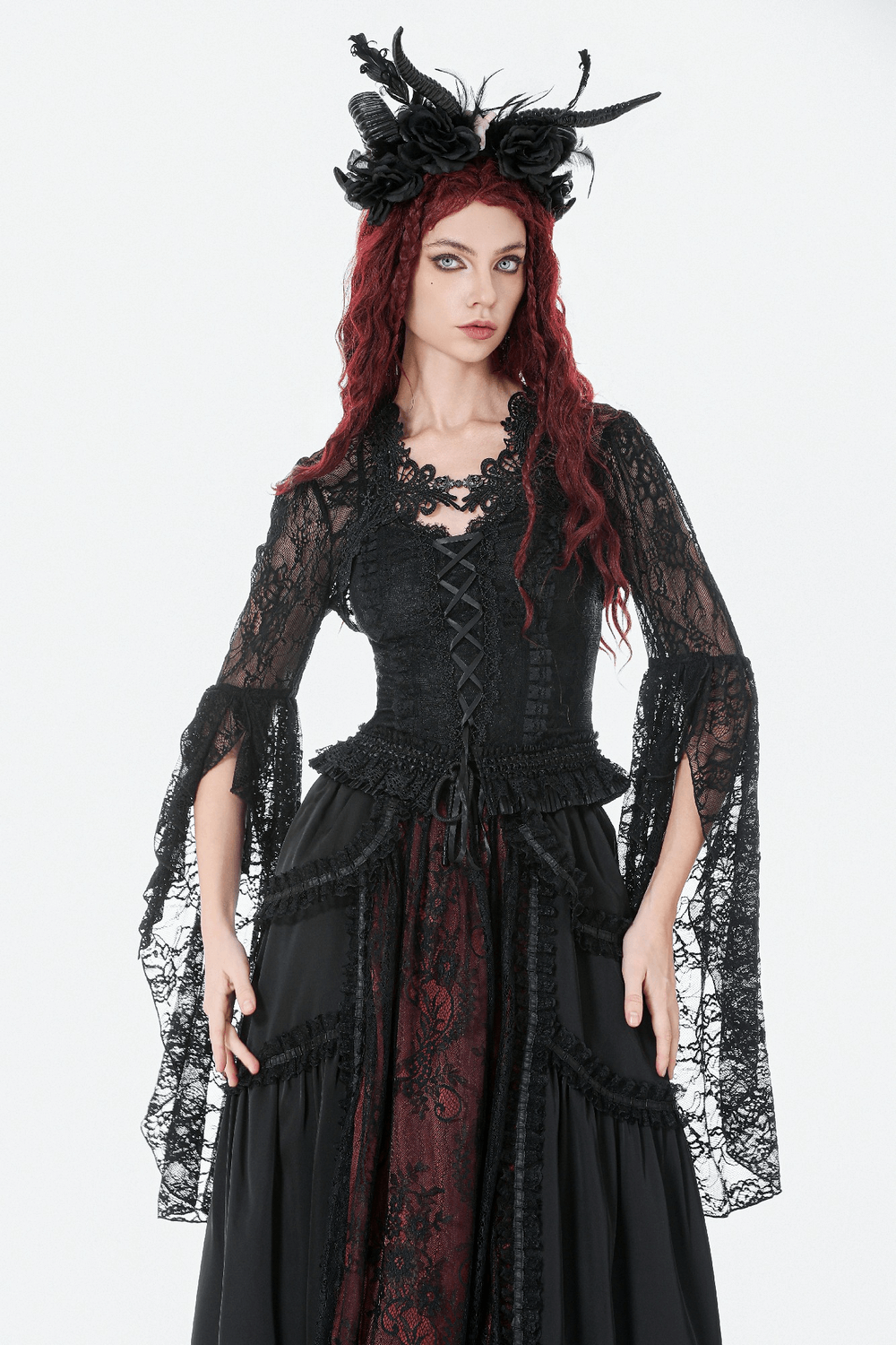 Gothic Lace Shrug Bolero with Dramatic Bell Sleeves outfit worn by model, showcasing Victorian lace and flowing sleeves.