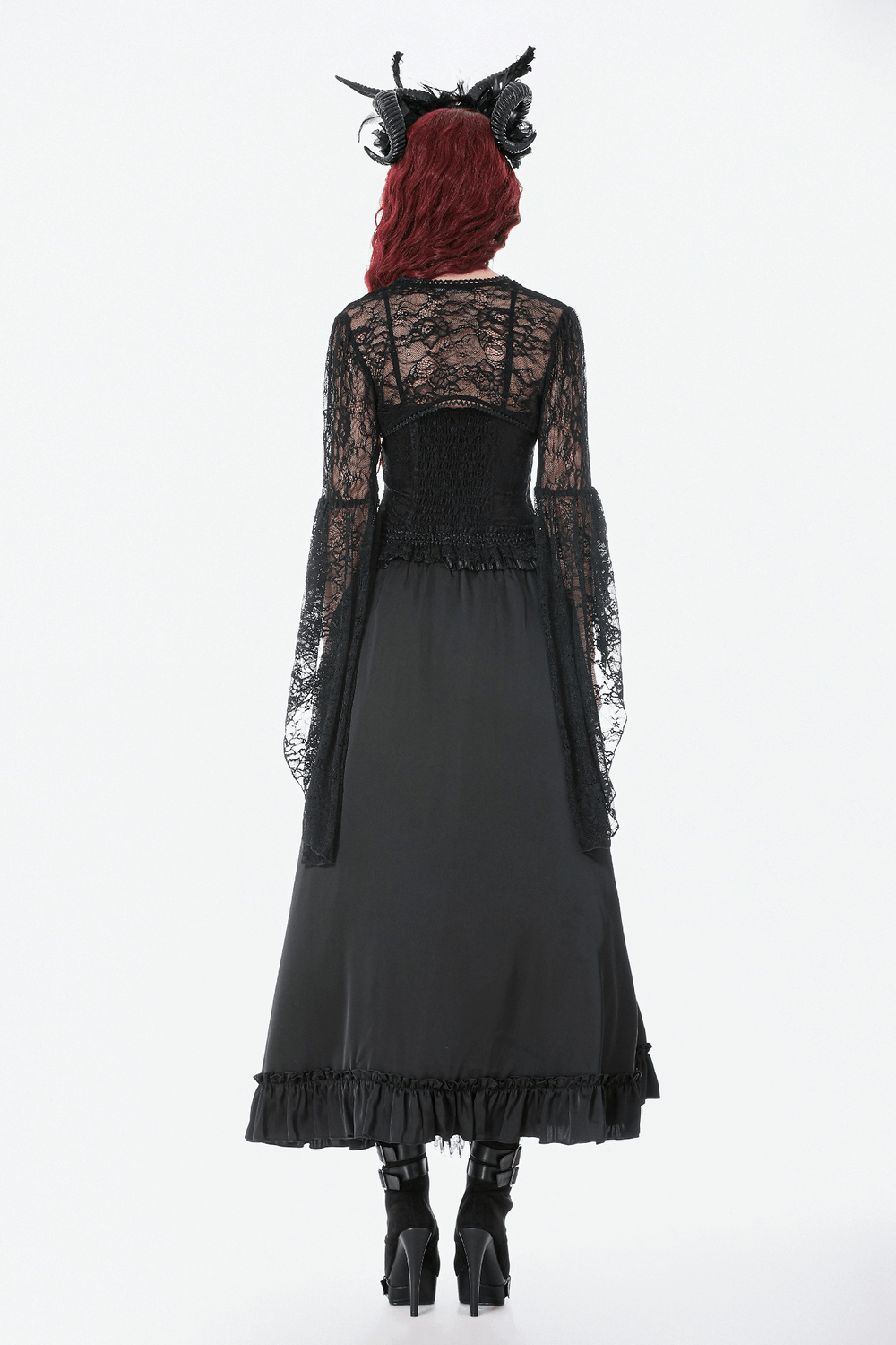 Gothic Lace Shrug Bolero with Dramatic Bell Sleeves showcased from the back, featuring floral lace and flowing sleeves.
