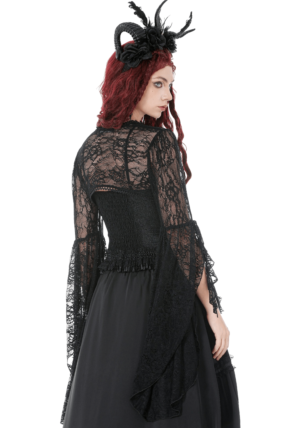 Gothic Lace Shrug Bolero with Dramatic Bell Sleeves showcasing a sheer floral lace design and flowing bell sleeves.