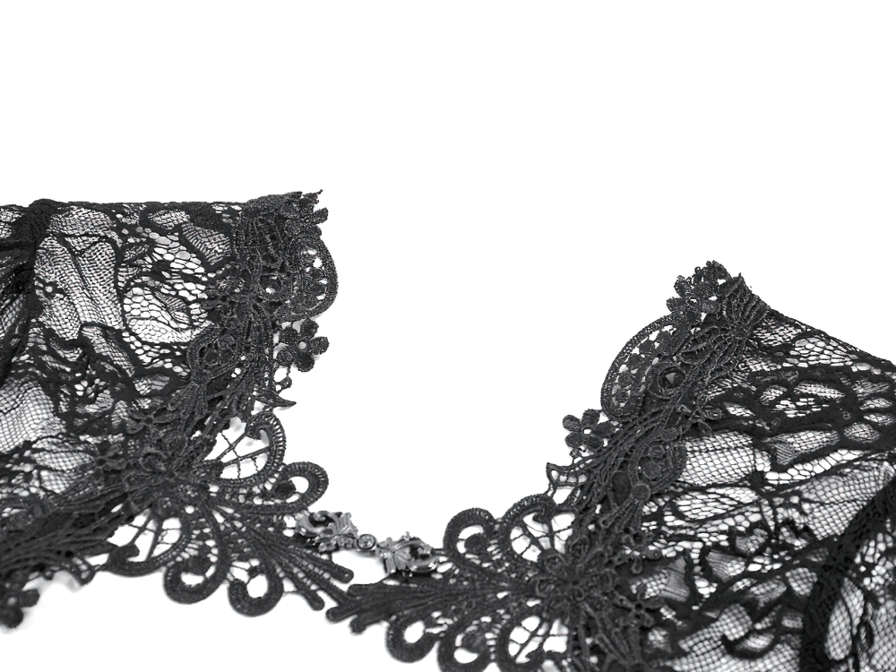 Gothic Lace Shrug Bolero with Dramatic Bell Sleeves detailed view of floral lace and scalloped edges.