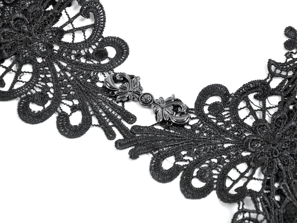 Gothic Lace Shrug Bolero with Dramatic Bell Sleeves featuring intricate black lace design and ornate clasp.