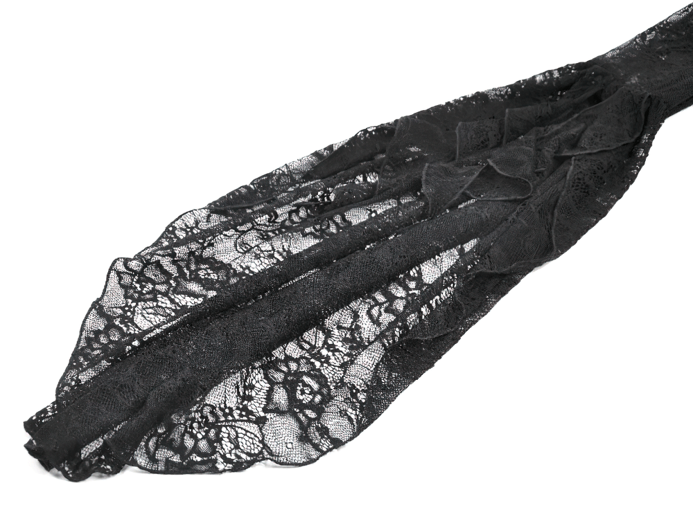 Gothic Lace Shrug Bolero with Dramatic Bell Sleeves showcasing black floral lace detail and scalloped edges.