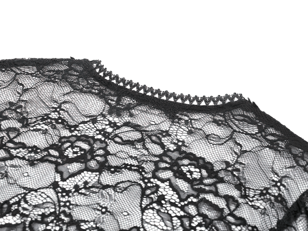 Gothic Lace Shrug Bolero with Dramatic Bell Sleeves detailed view showcasing sheer floral lace and scalloped edges.