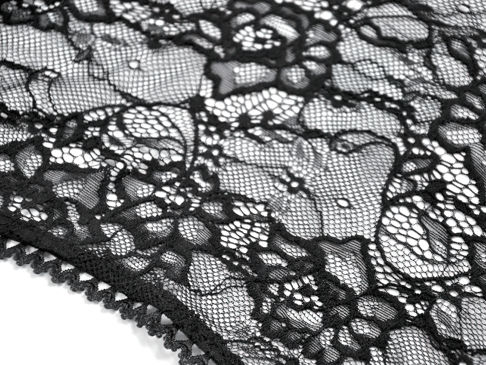 Gothic Lace Shrug Bolero with Dramatic Bell Sleeves detailed view of sheer black floral lace