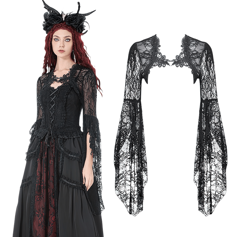 Gothic Lace Shrug Bolero with Dramatic Bell Sleeves showcased on model, featuring sheer floral lace and flowing bell sleeves.