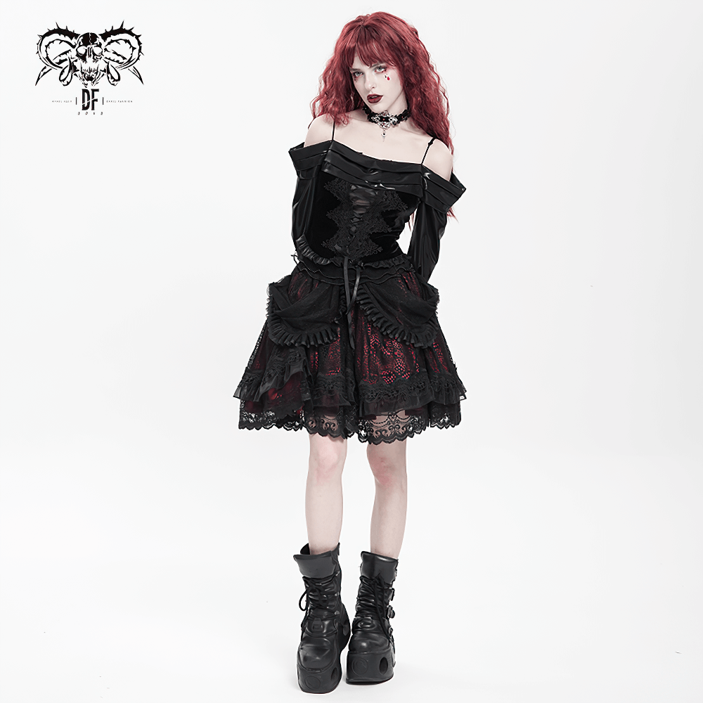 Gothic lace skirt with black ruffles and red underlayer, perfect for alternative fashion and vintage-inspired outfits.