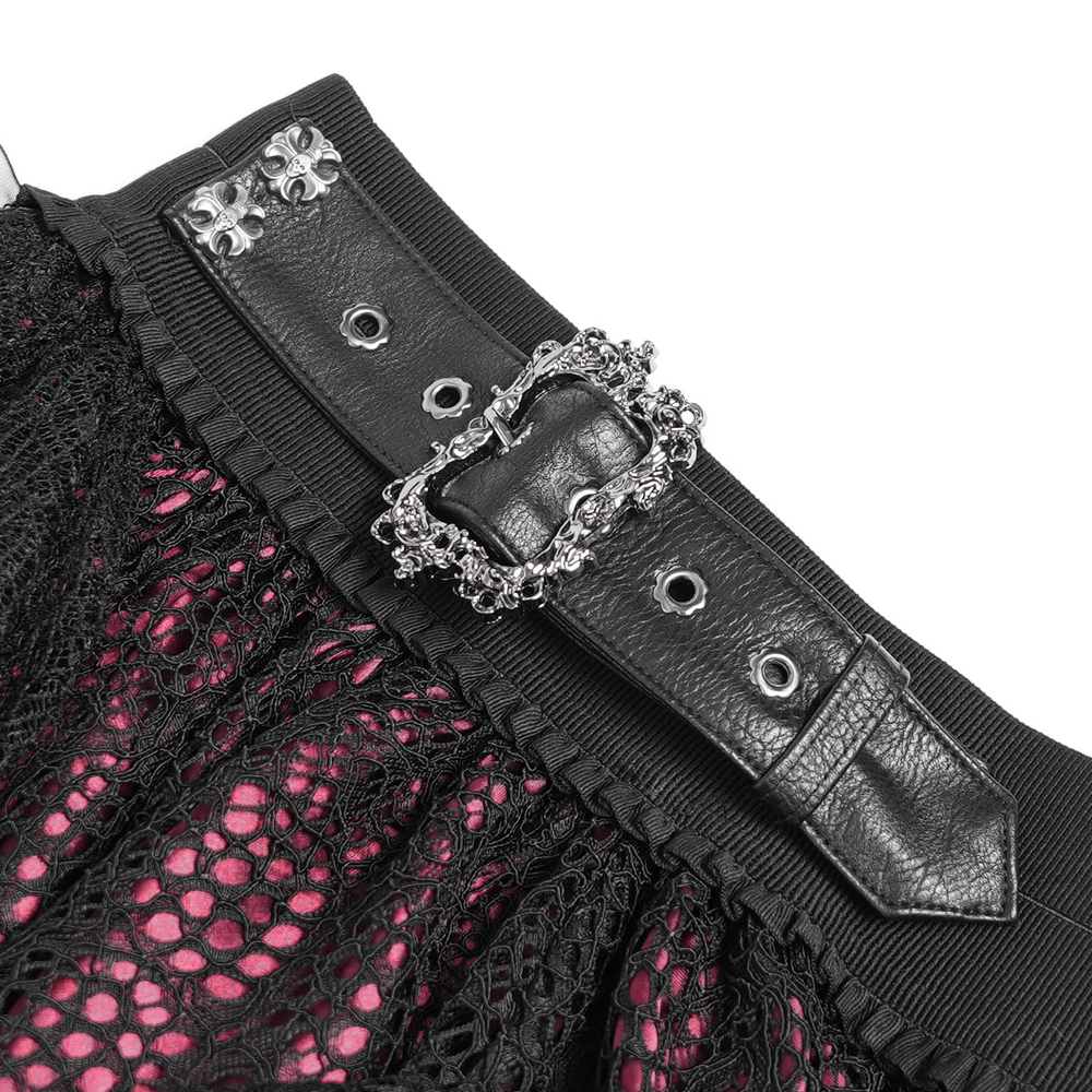 Close-up of the intricate belt with ornate buckle on a gothic lace skirt with black ruffles and pink underlayer.