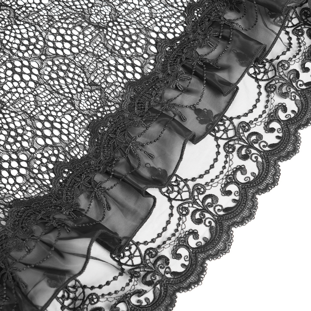 Intricate black lace fabric with layered ruffles and ornate trim, perfect for gothic fashion accessories.