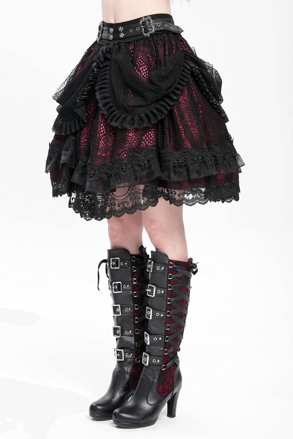Gothic lace skirt with black ruffles and red underlayer, paired with stylish black buckle boots.