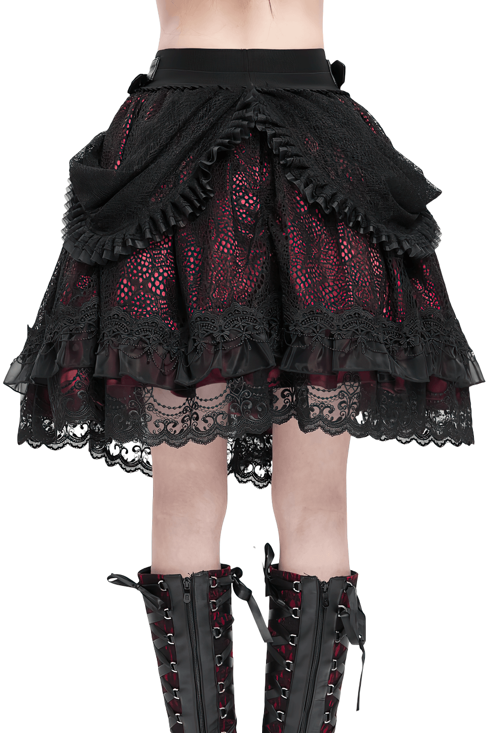 Gothic lace skirt with black ruffles and red underlayer, perfect for alternative fashion and Victorian-inspired outfits.