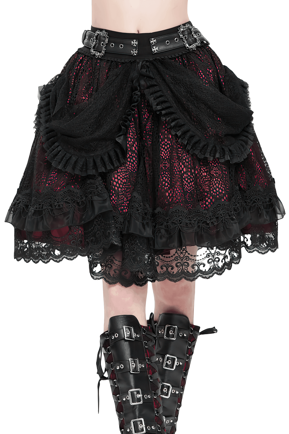 Gothic lace skirt with black ruffles, layered design, and ornate belt perfect for vintage and alternative fashion.