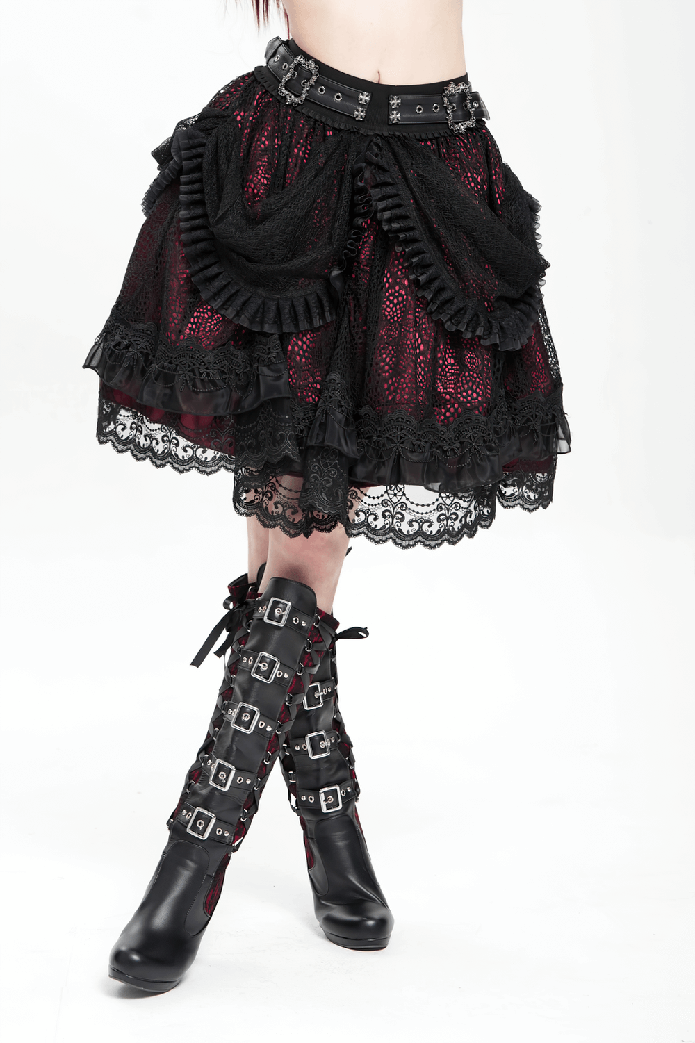 Gothic lace skirt with black ruffles, layered design, and ornate belt, perfect for alternative fashion.