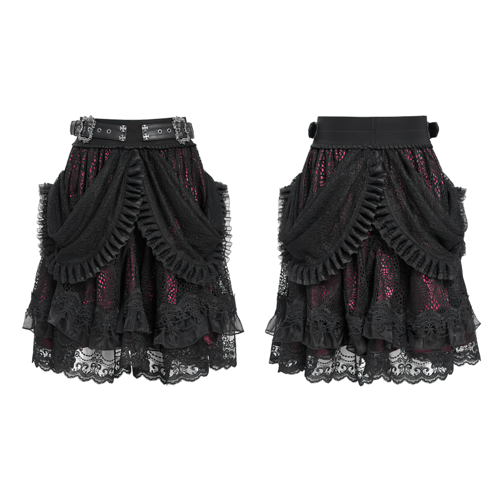 Gothic lace skirt with black ruffles and layered design, featuring a statement belt and red underlayer.