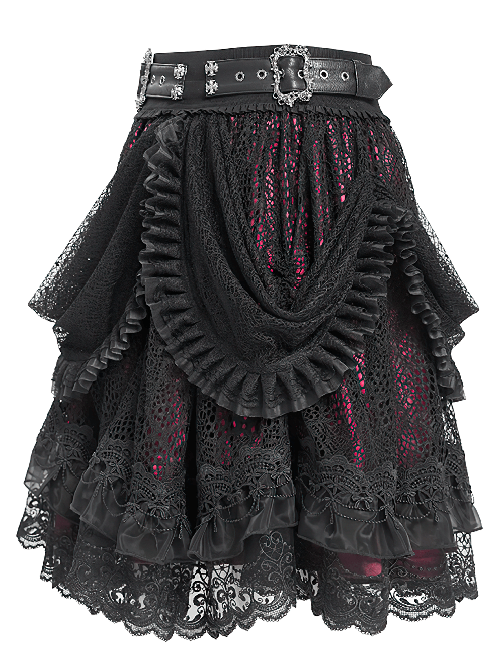 Gothic lace skirt with black ruffles, layered design, and ornate belt, perfect for Victorian-inspired outfits.