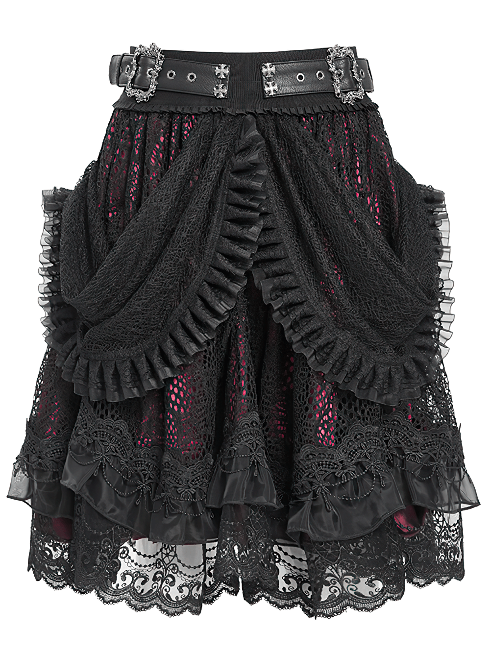 Gothic lace skirt with black ruffles, layered design, and ornate belt in red and black for a Victorian-inspired look.
