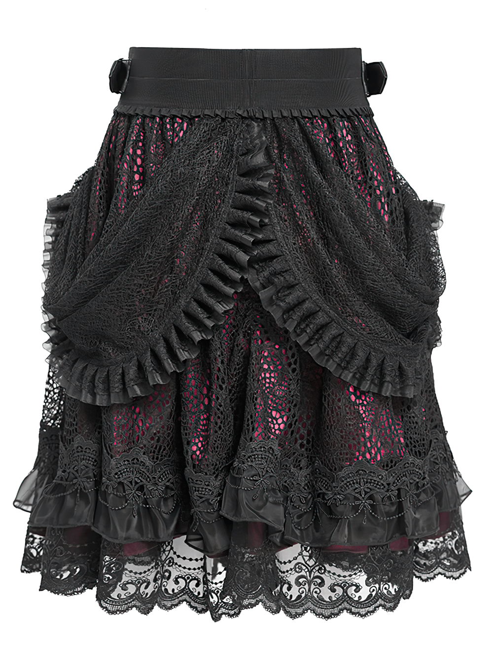 Victorian-inspired gothic lace skirt with black ruffles and red underlayer, featuring a detailed belt.