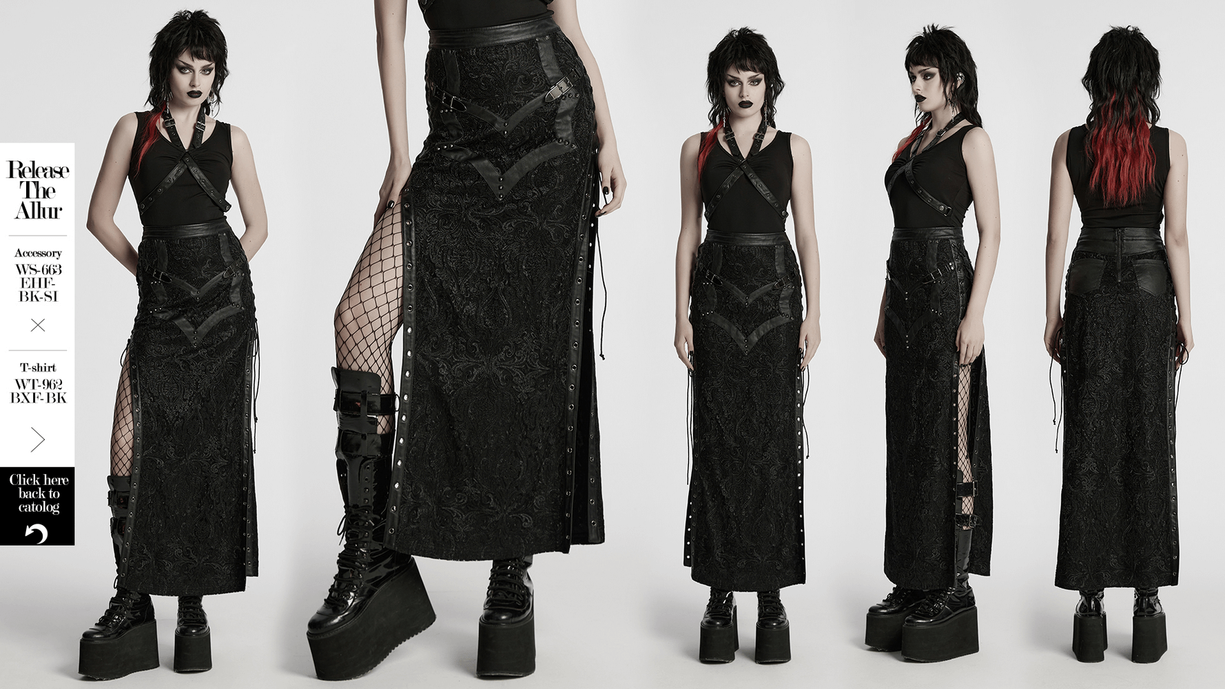 Gothic lace skirt featuring buckle detail and side slits, paired with edgy platform boots and striking accessories.