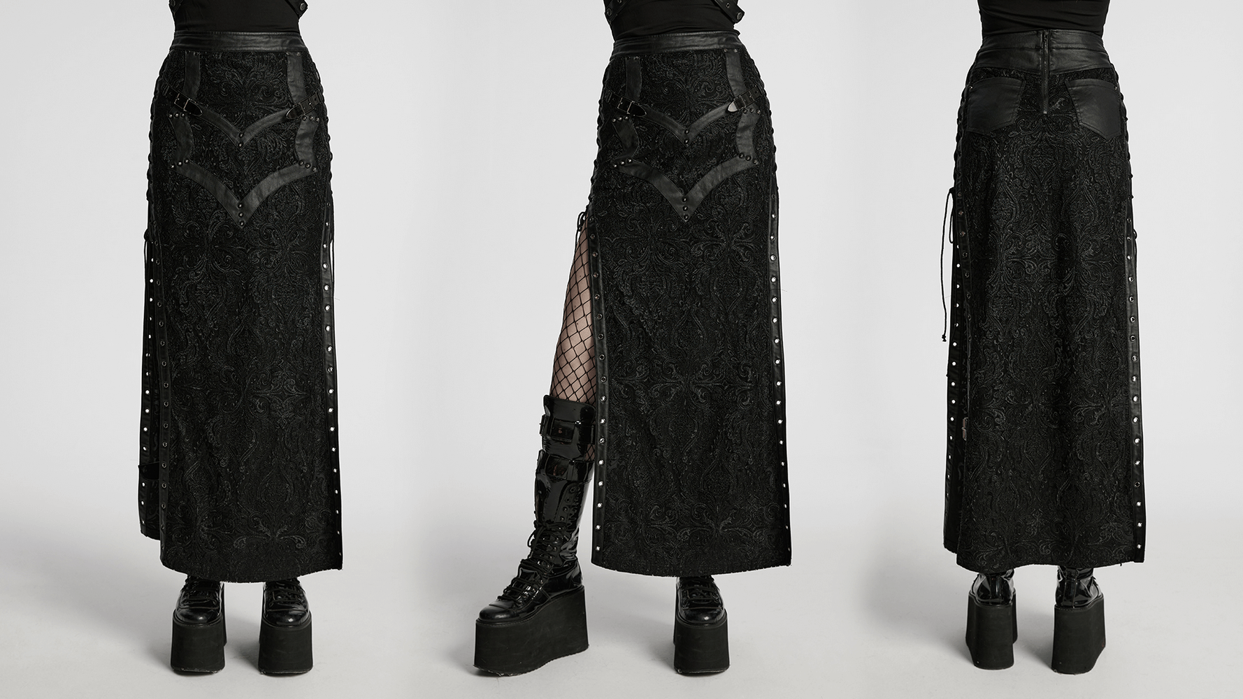 Gothic lace skirt with buckle detail, side slits, and embroidered design for a bold, edgy look.