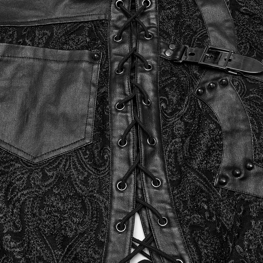 Close-up of Gothic lace skirt showing buckle detail, eyelet lacing, and embroidered fabric for a bold style.