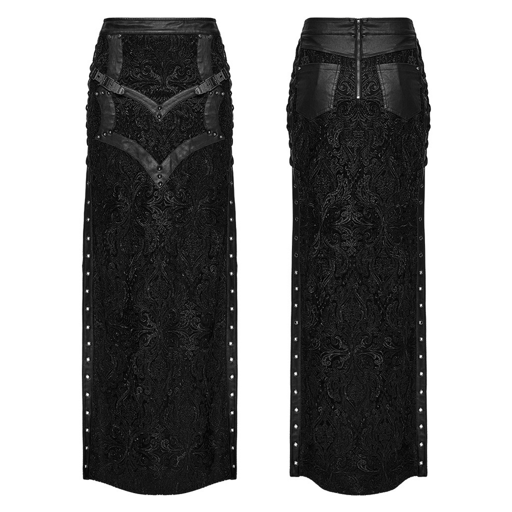 Gothic lace skirt with buckle detail and side slits, showcasing a bold embroidered design and rubberized twill fabric.