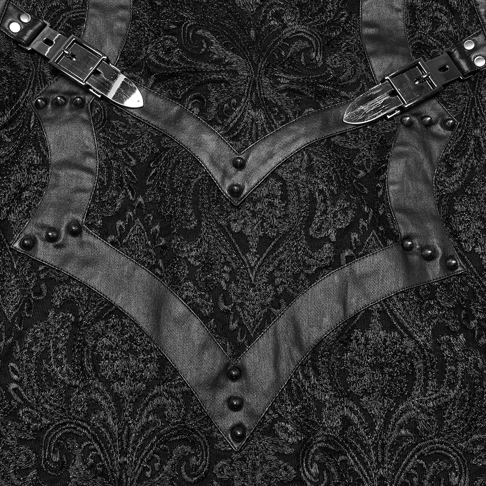 Close-up of Gothic skirt featuring embossed lace, unique buckle details, and elegant patterns for a dramatic flair.