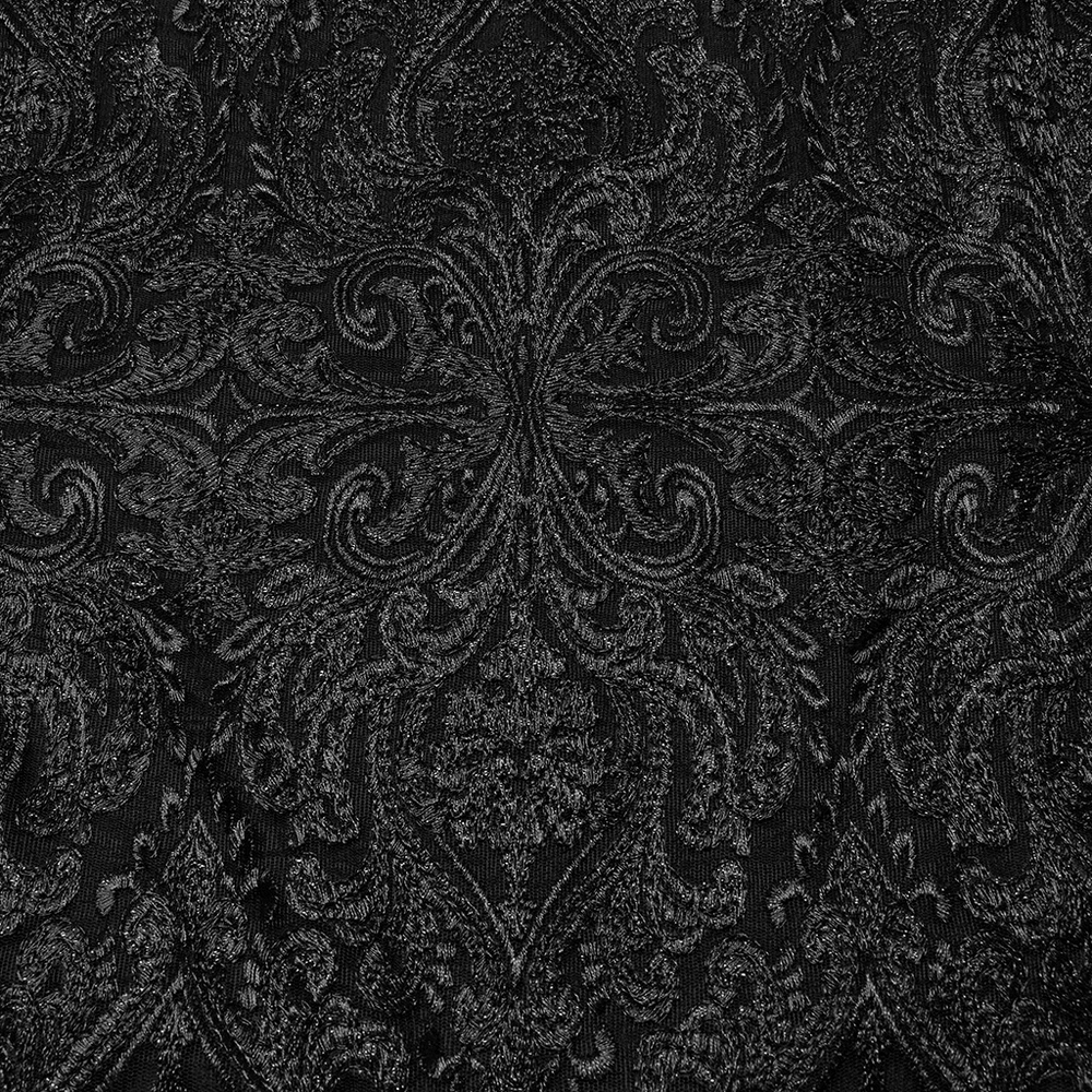 Detailed black embroidered lace fabric with intricate gothic patterns, perfect for a stylish gothic skirt.
