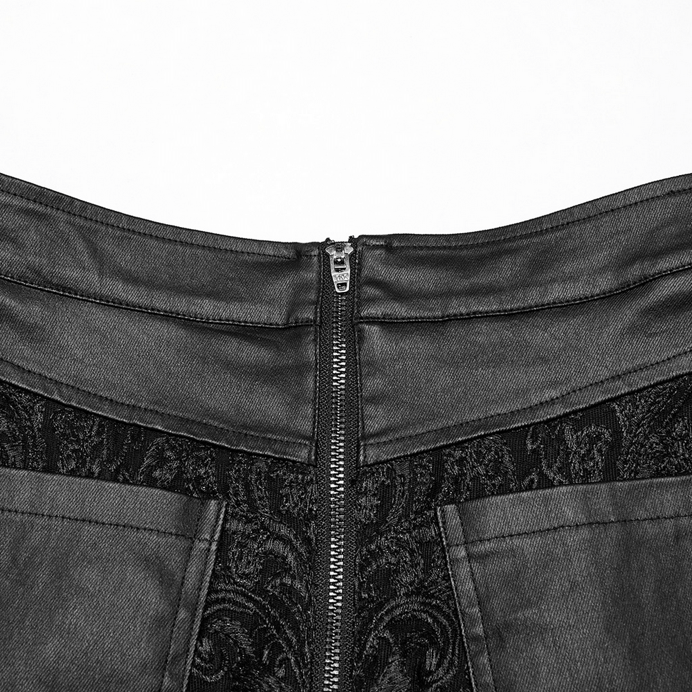 Back zipper detail of Gothic Lace Skirt, showcasing embroidered lace and rubberized twill for a bold look.