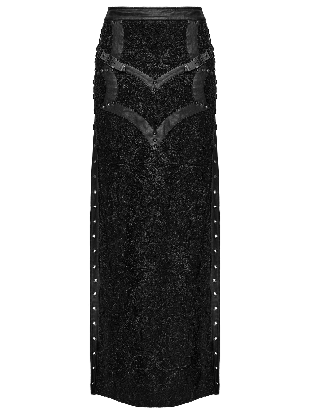Gothic lace skirt with buckle detailing, embroidered fabric, side slits, and a daring high slit design.