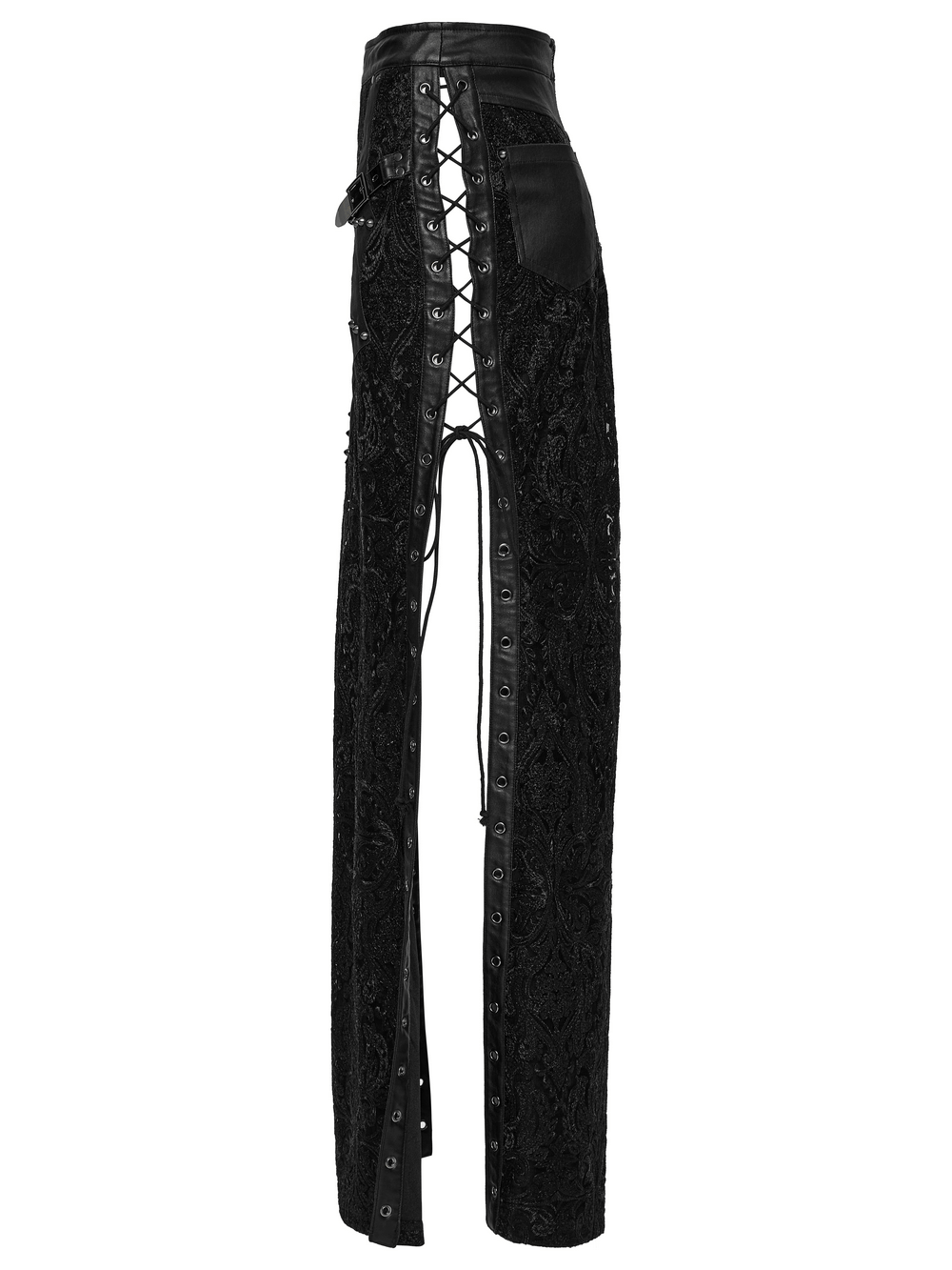 Gothic lace skirt with buckle details, side slits, and eyelet drawstring for a bold, rebellious style.