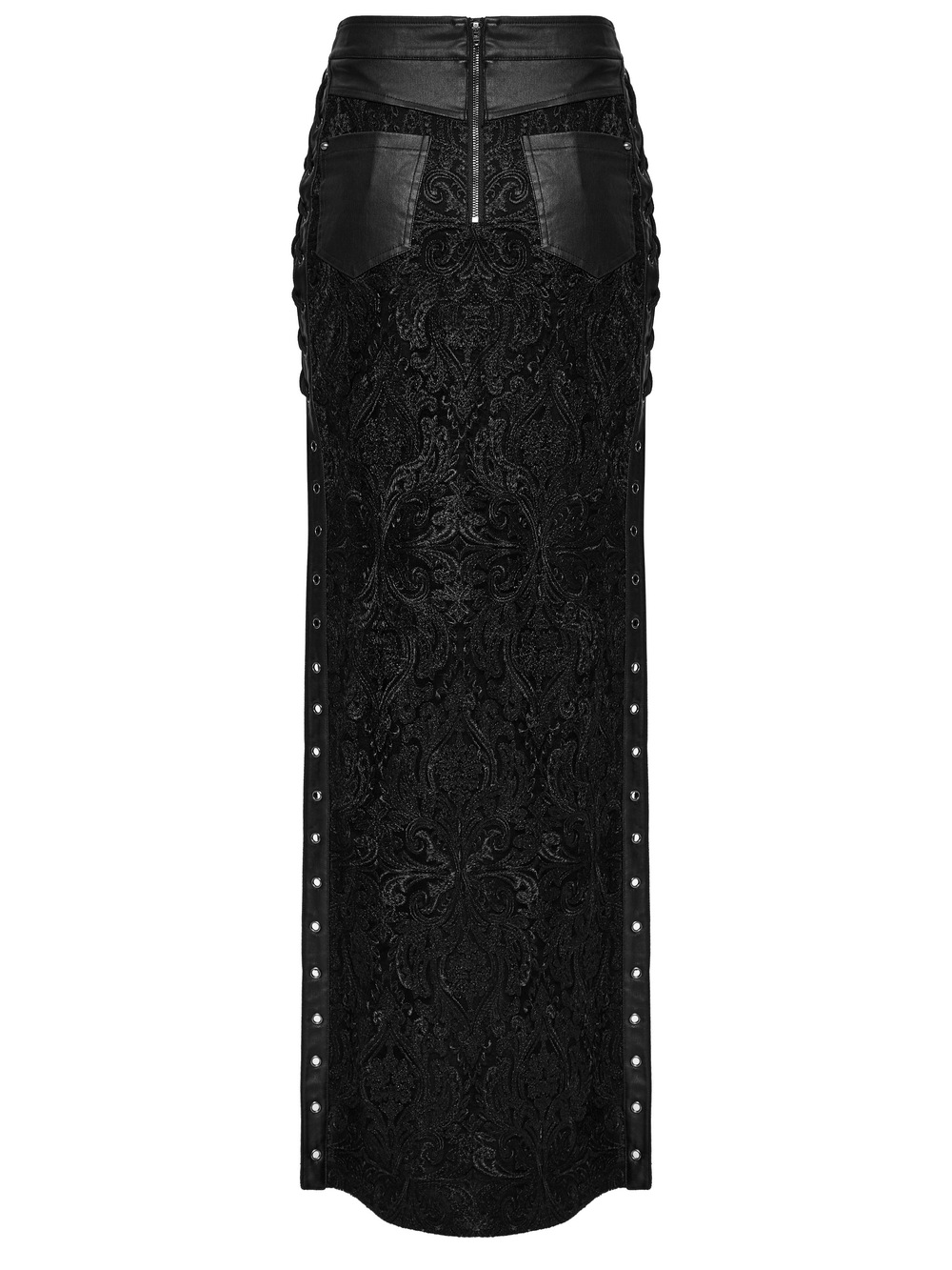Gothic lace skirt with buckle details, side slits, and embroidered pattern for a bold and daring look.