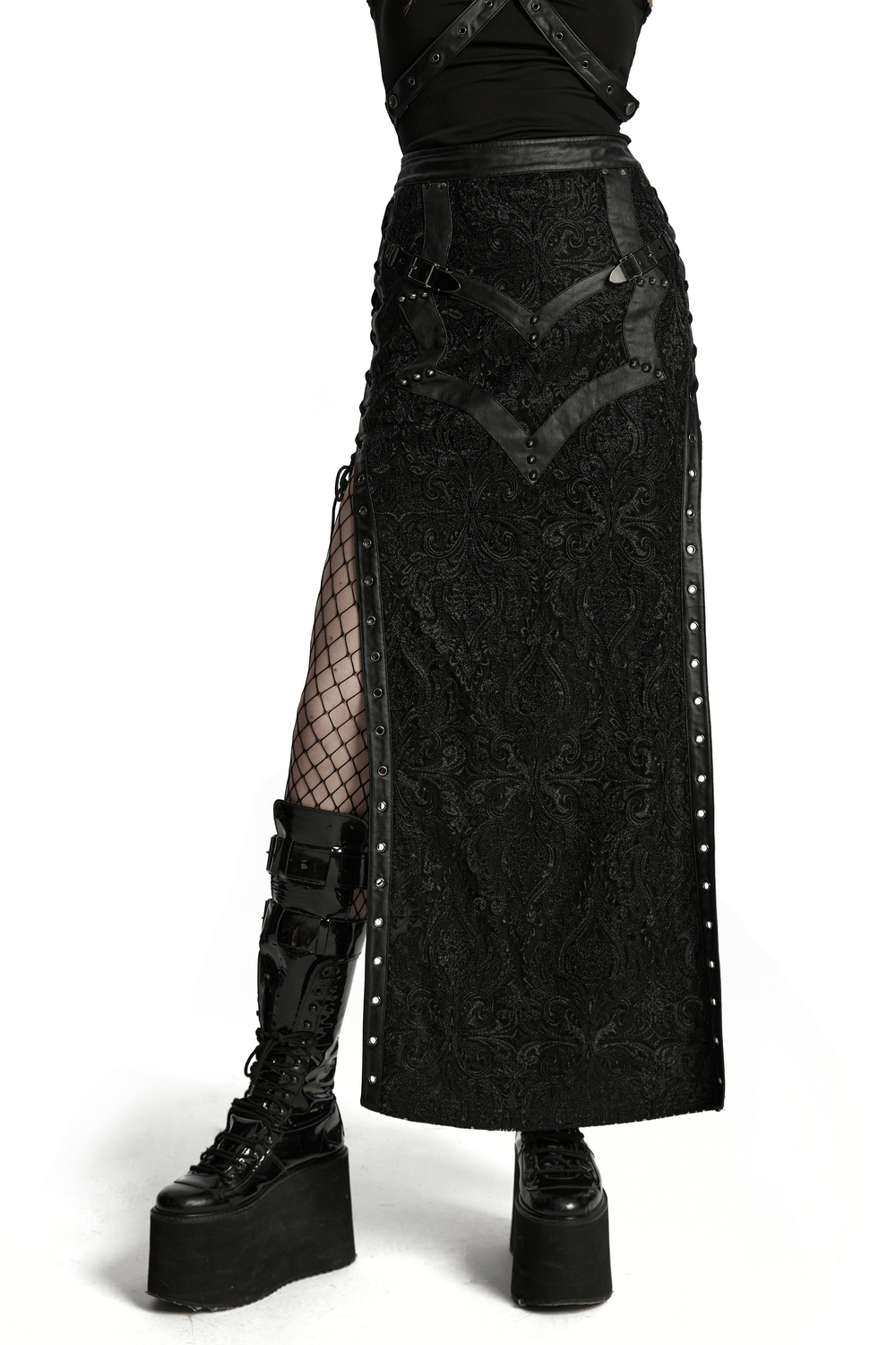 Embroidered lace gothic skirt with side slit, buckle detail, and eyelet drawstring, adding rebellious flair.